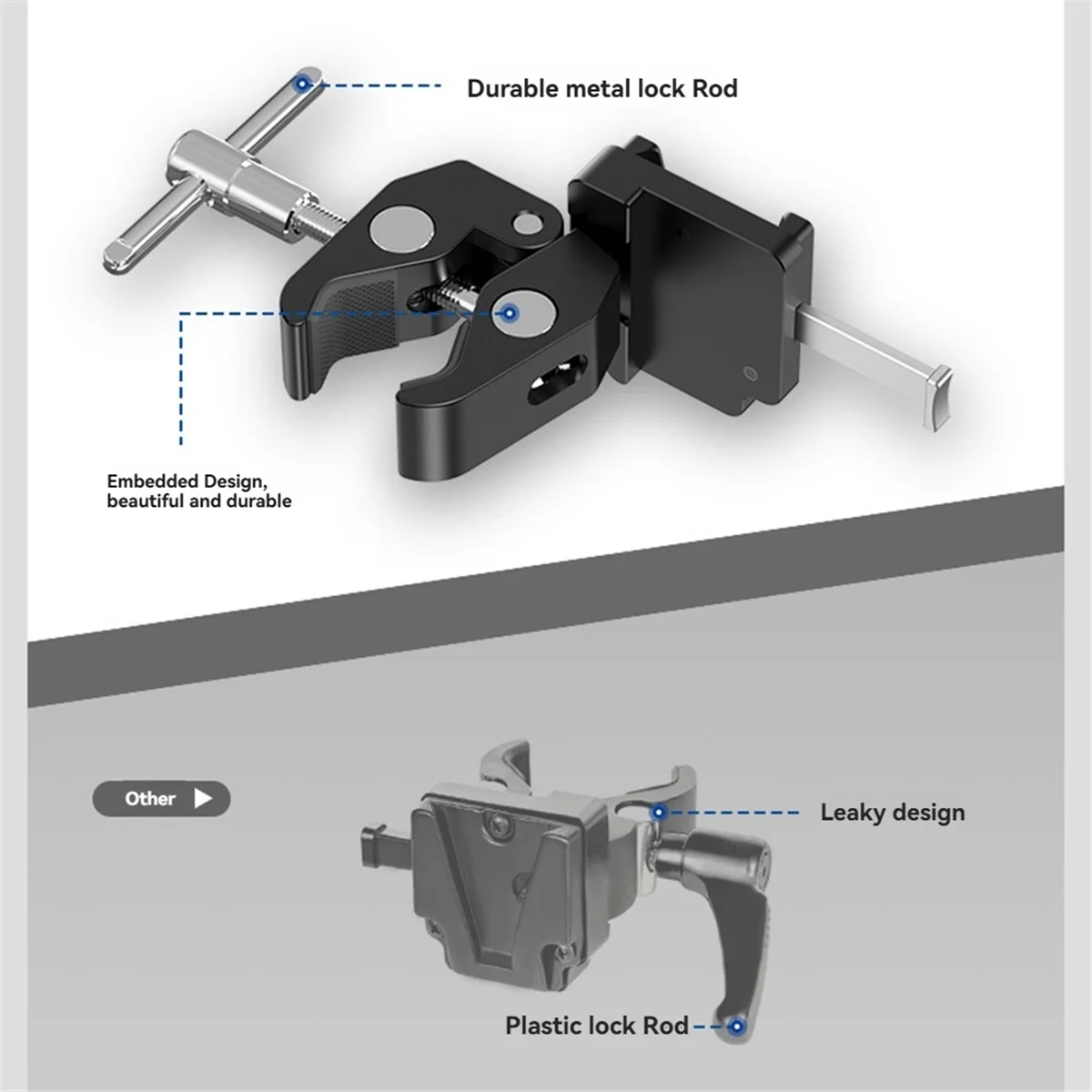 Placa de batería de montaje en V mini con abrazadera de cangrejo y bloqueo de liberación rápida, varillas de 15 mm - para baterías de montaje en V