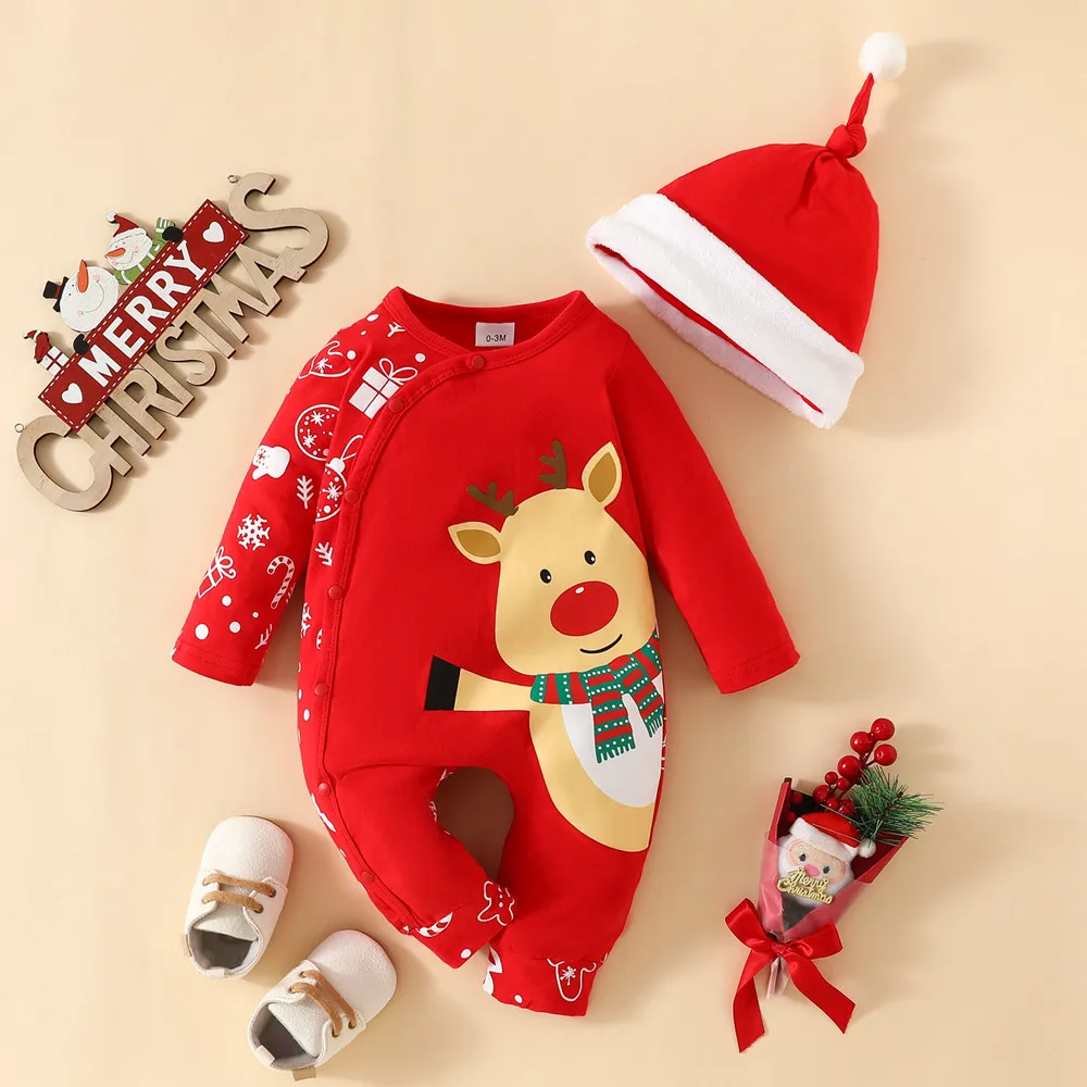 

0-18Month Cute Fawn Christmas baby rompers+Hat 2pcs sets print Onesie newborn red long sleeve clothes gifts baby underwear