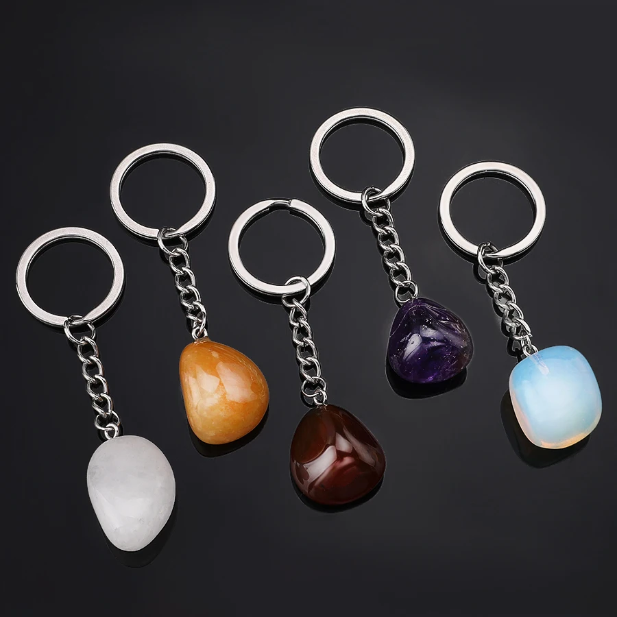 1pc natrual crystal stone gemstone agate irregularity Rolling Stones stainless steel keychain for women and men