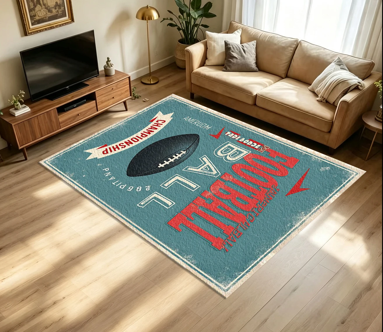 Vintage American Football Sports Carpet Flooring, Retro Rugby Championship Print Non-Slip Floor Rug for Game Room Home Decor