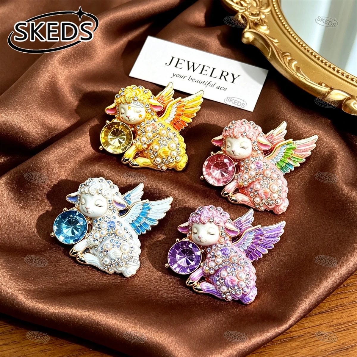 SKEDS Angel Lamb Sheep Brooch Colorful Rhinestone Pearl Animal Lapel Pin Vintage Coat Scarf Decor Badge Jewelry Gift for Women