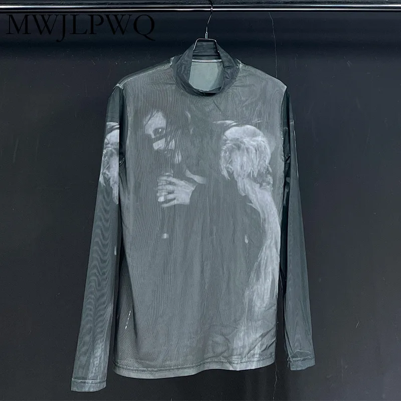 

MWJLPWQ Printed Round Collar Male T-shirts Long Sleeve Grenadine Niche Design Streetwear Fashion Loose Casual Tops Autumn 010892