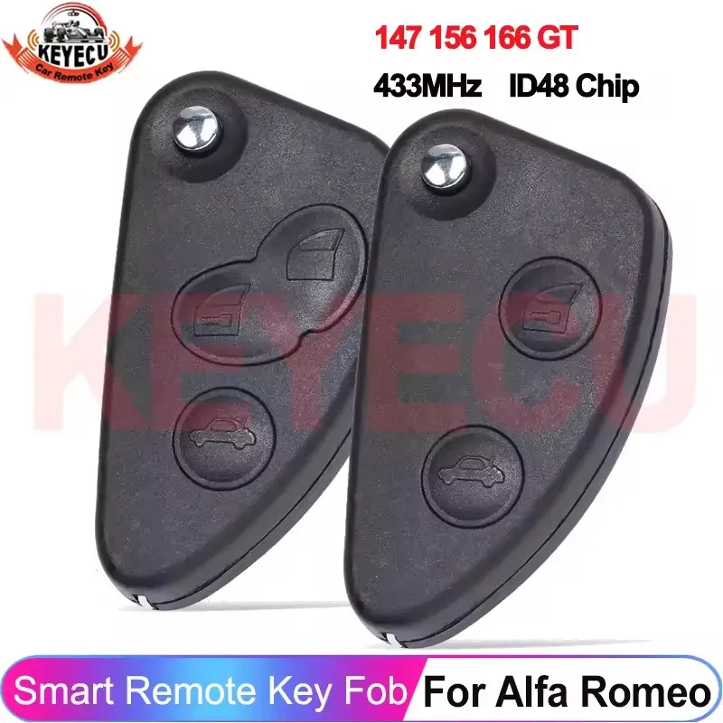 

KEYECU 433MHz ID48 Chip For Alfa Romeo FCC ID 147 156 166 GT 2/3 Buttons Flip Key Remote Fob With Uncut SIP22 Blade