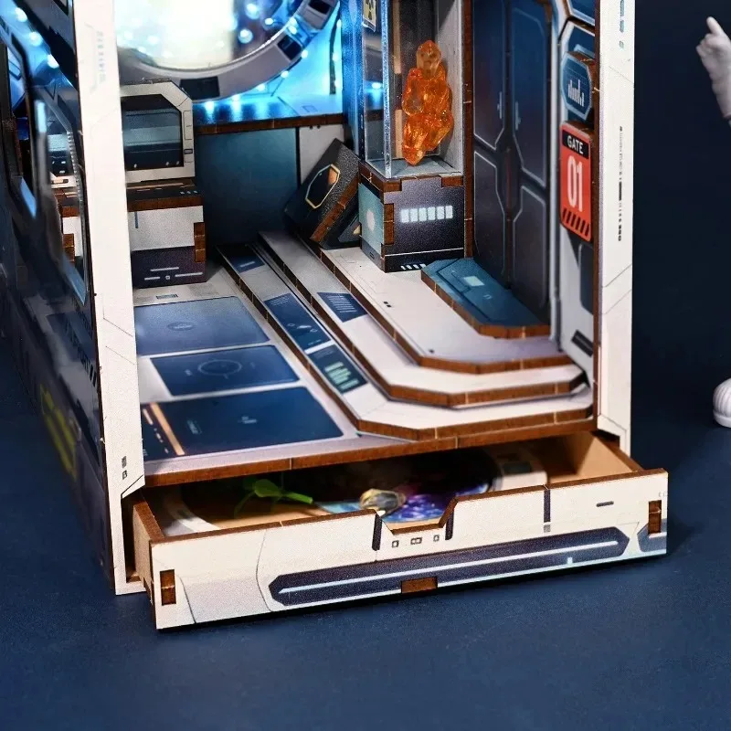 DIY Wooden Book Nook Shelf Insert Doll House Building Kits Sci-fi Alien Hub Bookshelf Assembly Bookend for Adults Birthday Gifts