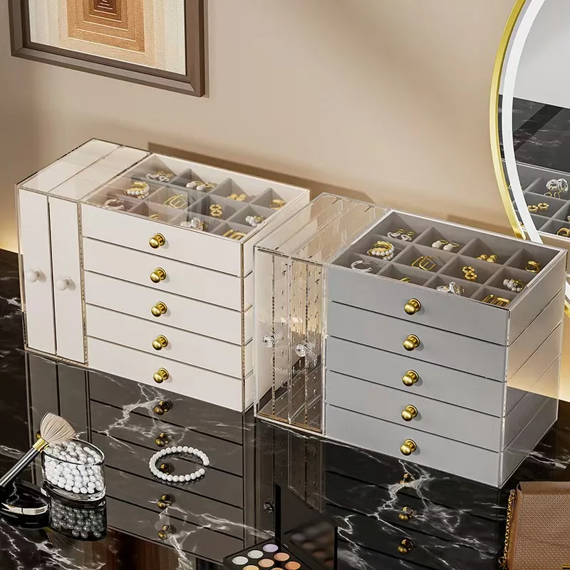 7 Layer Flannel Transparent Jewelry Box High Capacity Drawer Organizers Earring Necklace Ring Storage Portable Storage Box Gifts