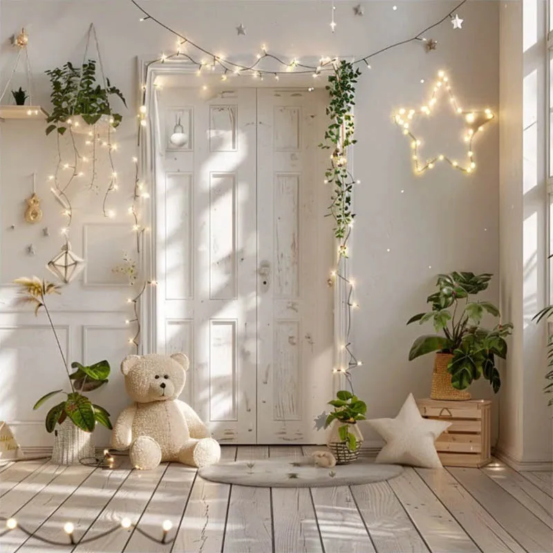 Mehofond 흰색 문 벽 사진 배경 봄 신생아 아이 생일 파티 출산 잔디 장난감 곰 장식 사진 배경