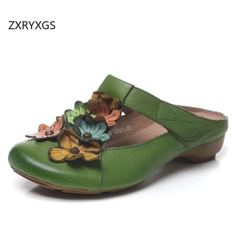 

ZXRYXGS Top Layer Cowhide Colored Flower Shoes Fashion Slippers 2026 Summer Real Leather Slippers Outerwear Shoes Flat Slippers