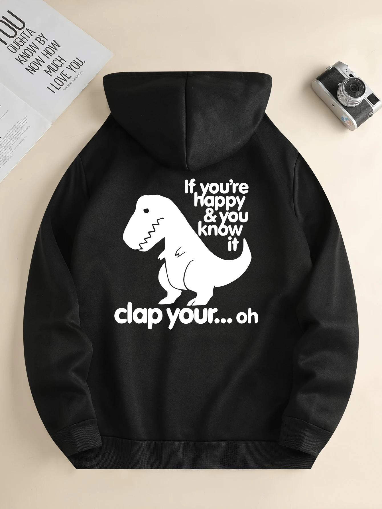 Men's new fashion hoodie, casual daily drawstring hooded sweatshirt, dinosaur print, front kangaroo pocket, men's jacket