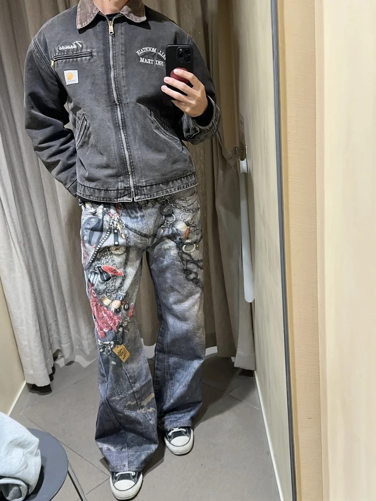 

Retro American Waed 3D Chain Print Jeans Men's Loose Wide Leg Long Casual Straight Cut Denim Pants High Waist Digital Printing