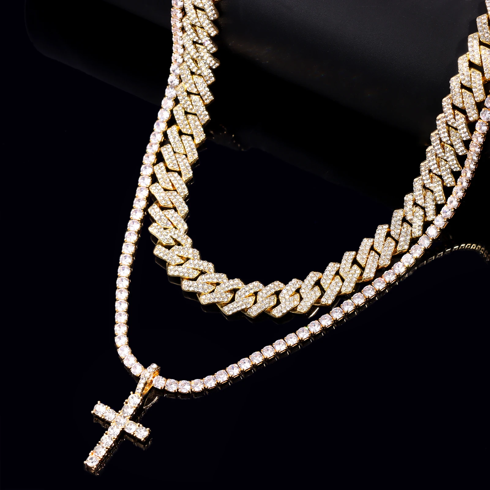 2Pcs Golden Cross Necklace Prong Cuban Link Chain for Women Men Iced Out Full Rhinestone 14MM Hiphop Cuban Necklace Set Jewelry