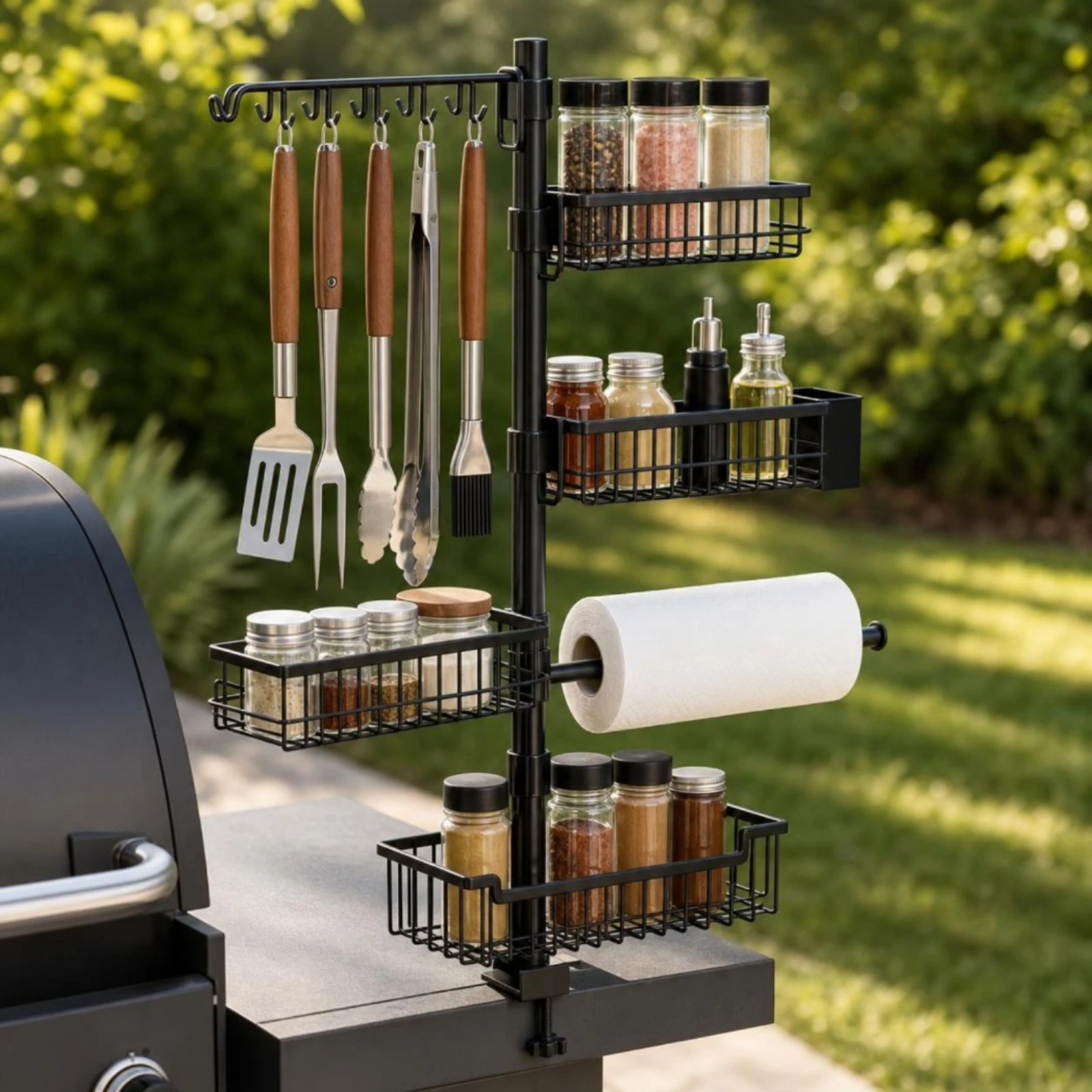 Barbecue Side-Mounted Storage Rack Clamp-on Grill Organizer Grill Rack with Hooks Outdoor Easy to Install for Patio, Camping
