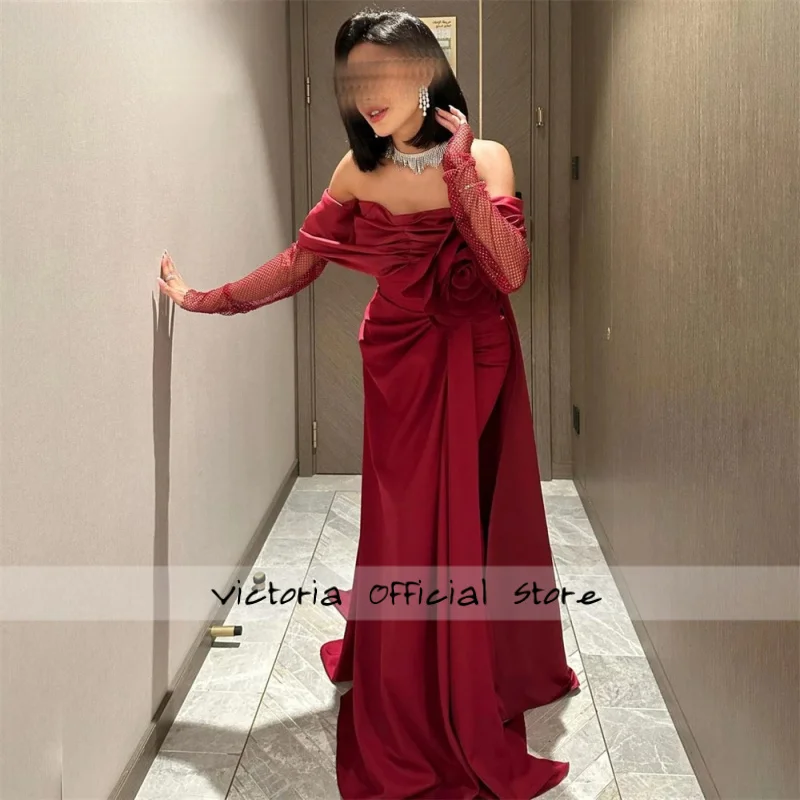 Vestidos de noche personalizados con flores en 3D y hombros descubiertos, vestido de fiesta de manga larga plisado de satén, vestidos de fiesta formales hasta el suelo