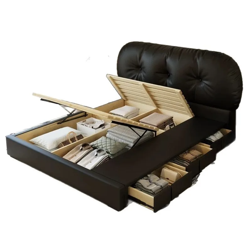 Black master bedroom modern simple double master bedroom small double bed, storage leather wedding bed wood