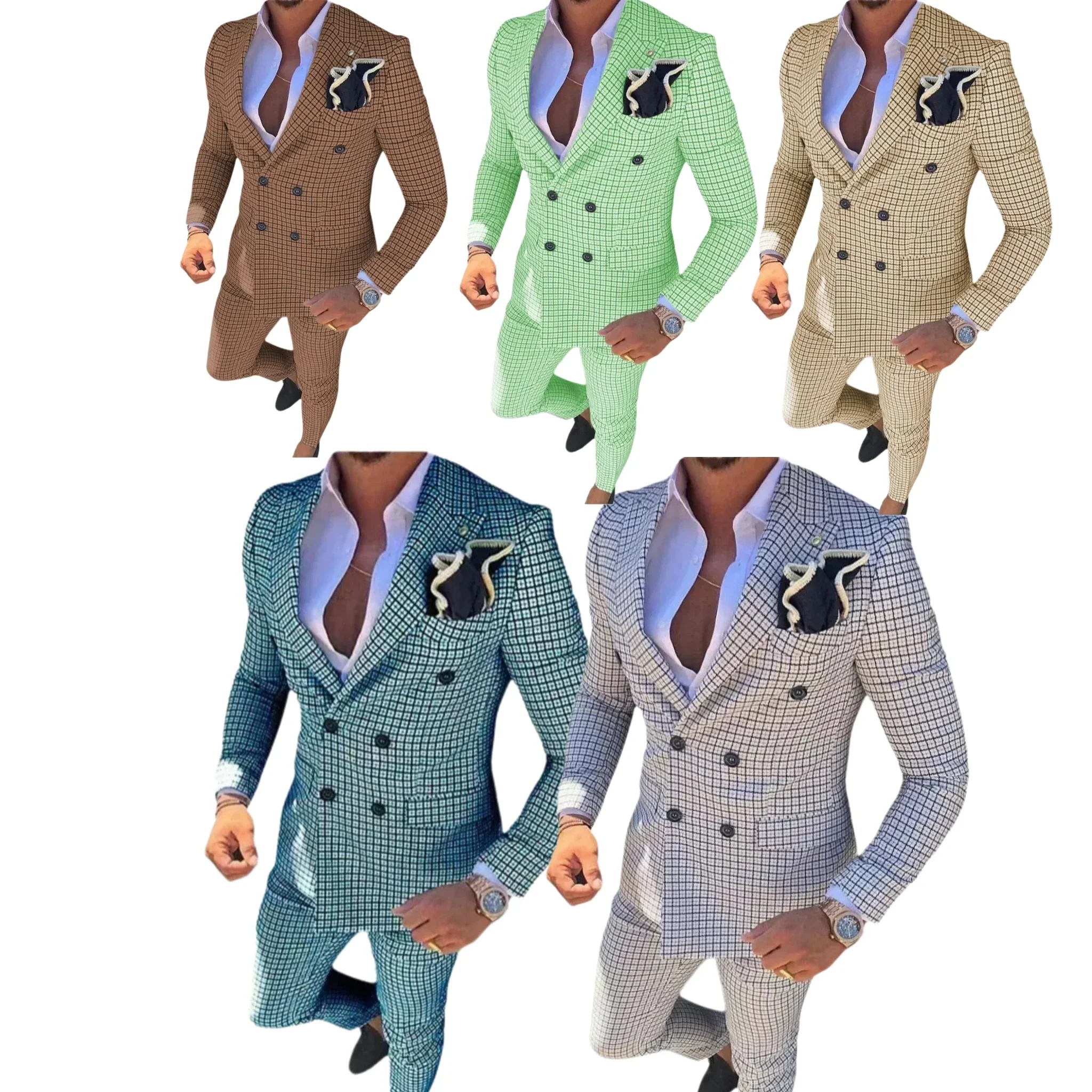 

high end men's clothing 2 pieces Blazer And Pants set Double-breasted plaid set with peak lapels business groomsmen Banquet