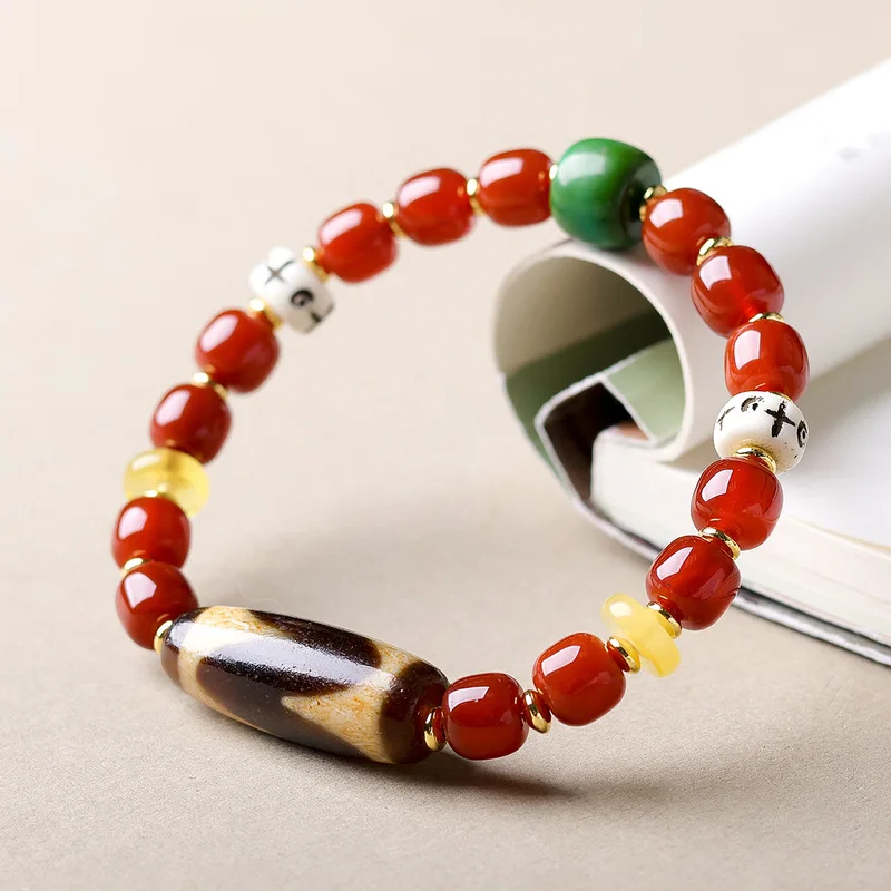 Original design Southern Red Agate barrel , Tibetan-style aged Bodhi Dzi bead cultural bracelet