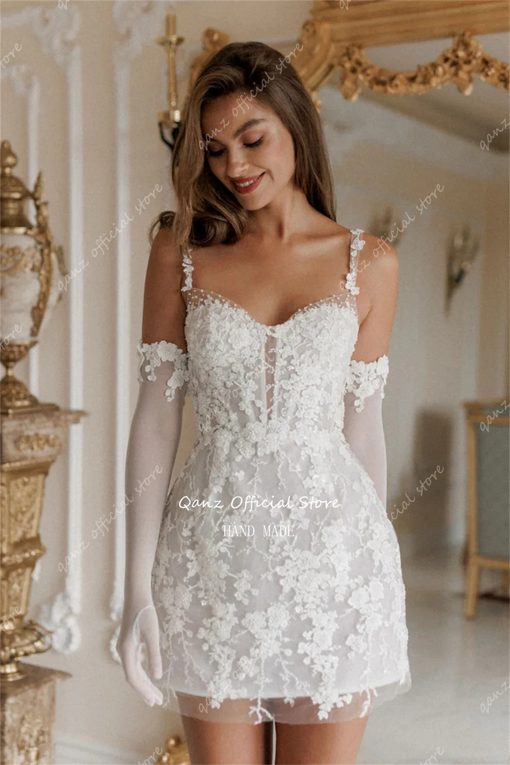 Qanz Chic Lace Wedding Dress Spaghetti Straps Short Vestidos De Novia Appliques 3D Flowers Robe De Mariée Customized