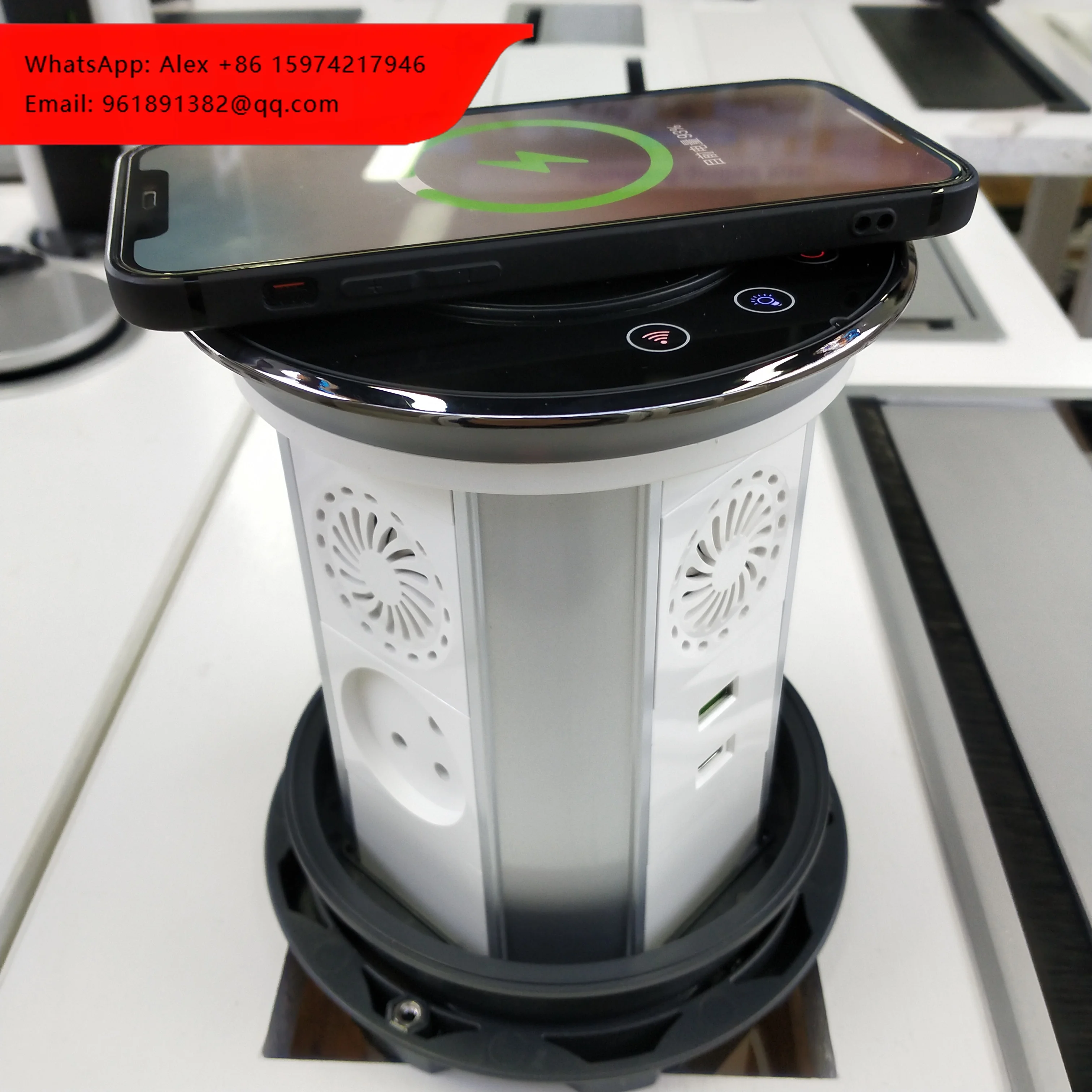 

IP65 4 Side Israel Motorized Pop Up Socket Smart WIFI Table Hidden Socket With USB-C Speaker Lifting Wireless Charging Socket