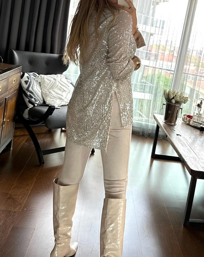 Fashion Woman Blouse 2024 Spring Allover Sequin Buttoned Long Sleeve Casual Turn-Down Collar Plain Daily Shirt Top Y2K Clothes