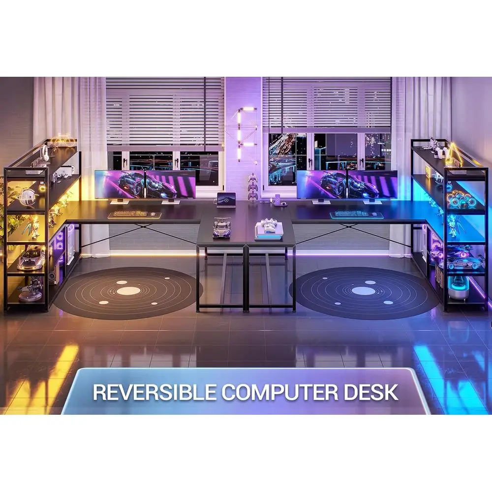L Shaped Gaming Desk, 63'' Reversible Computer Desk with Power Outlet and Storage Shelves, Corner Gaming Desk with LED Lights, B