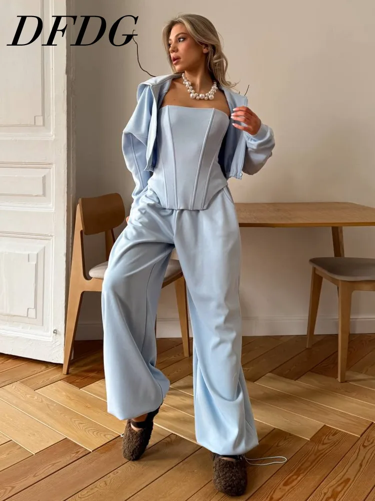 

DFDG Women 2026 Spring Summer Three Piece Outfit Cropped Jacket Corset Top Wide Leg Pants Casual Elegant Commute Wear Set