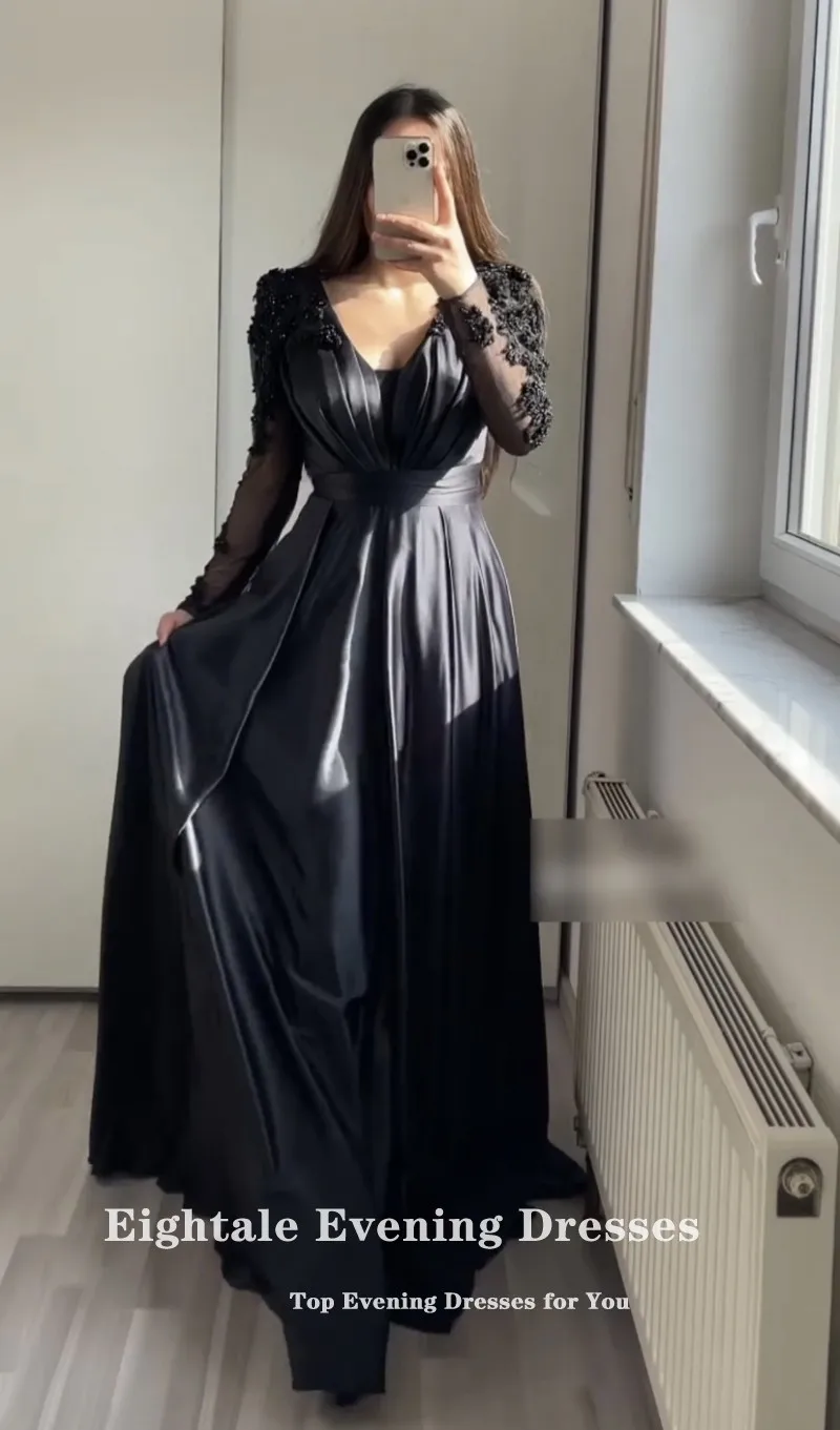 Eightale Arabic Evening Dresses for Wedding Party Satin V-Neck A-Line Black Appliques Beaded Celebrity Long Sleeves Prom Gowns