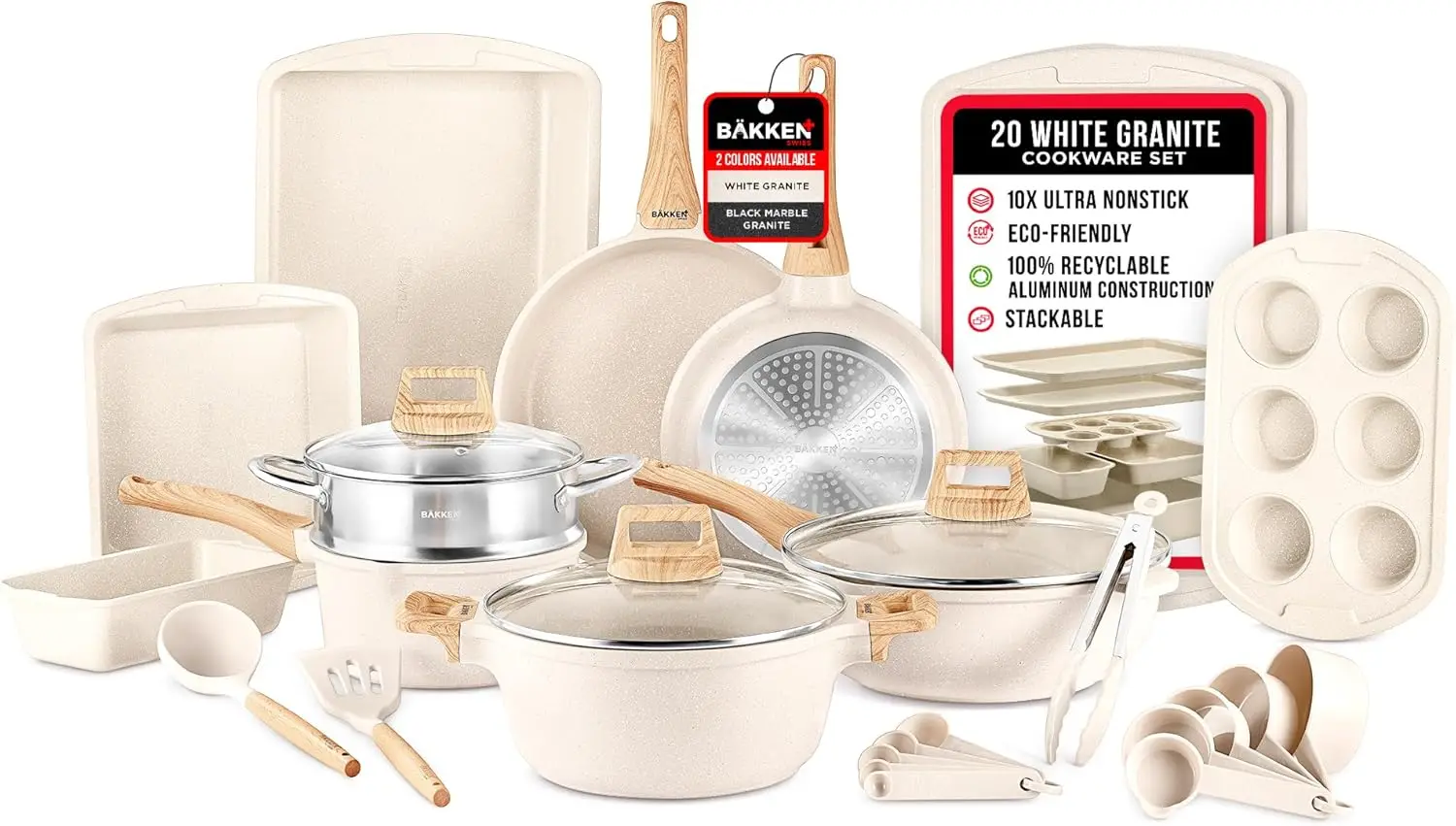 

20-Piece Kitchen Cookware Set – Granite Non-Stick – Eco-Friendly – for All Stoves & Oven-Safe