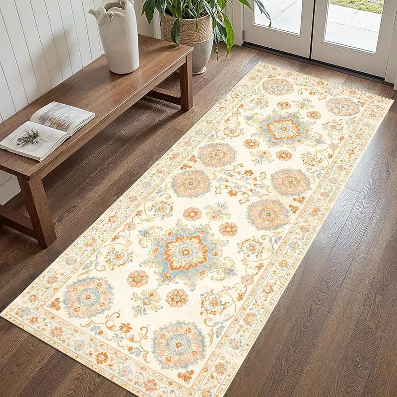 VIKAMA French Rose Carpet, Anti-slip Long-Strip Corridor Floor Mat, European Floral Side Cushion, Home Decoration