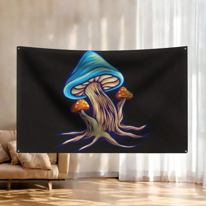 Large Decorative Wall Tapestry Banner Flag With 4 rings Blue Mushroom Art Forest Nature Poster Room Decor Gift