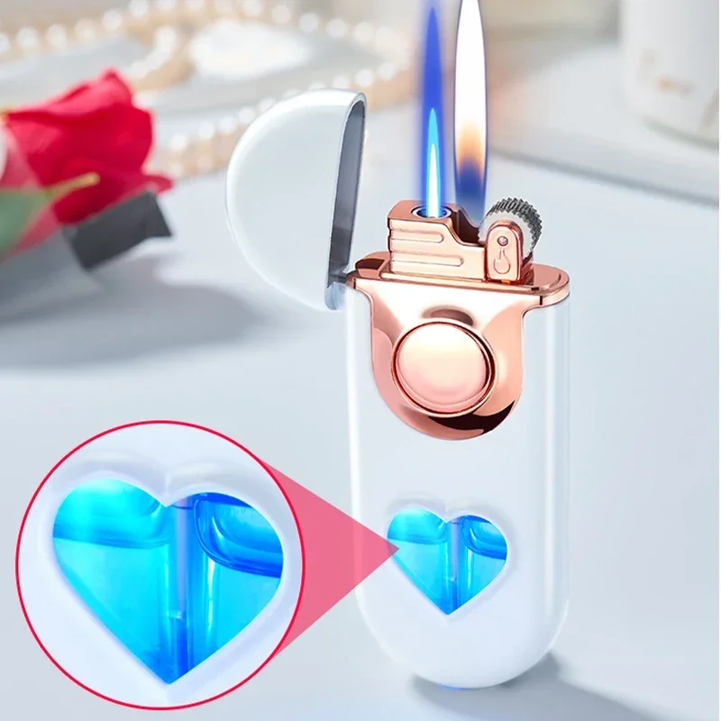 Love Heart Inflation Lighter Metal Grinding Wheel Ignition Butane Gas Lighter Personalized High End Gift Cigarette Accessories