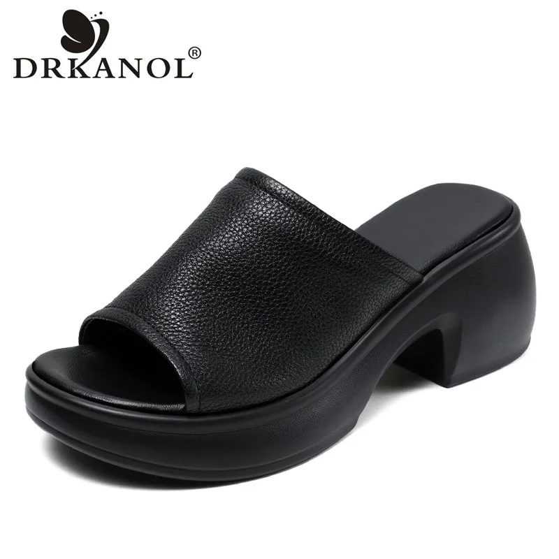 DRKANOL 2024 Genuine Leather High Heel Sandals Slippers Women Platform Open Toe Slip On Thick Heel Casual Slippers Casual Slides