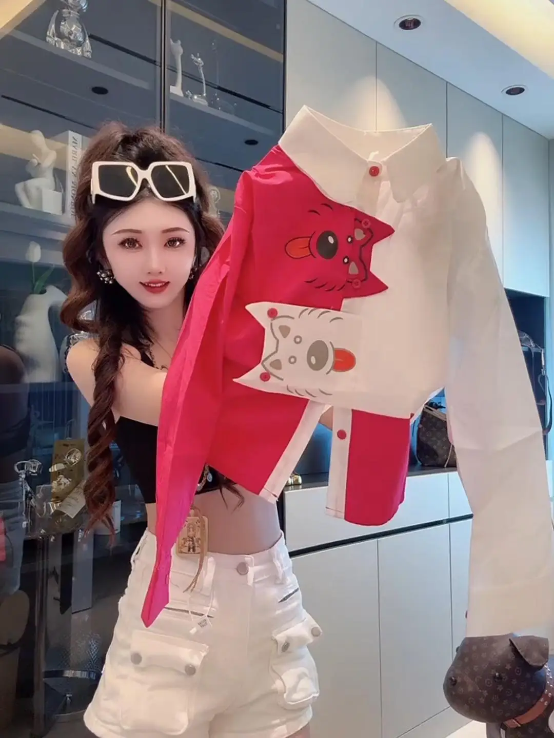 

Korean Style Long Sleeve Loose Fit Cartoon Print Shirt Color Block Fashionable Spring Autumn Women's Top Breathable Comfo...