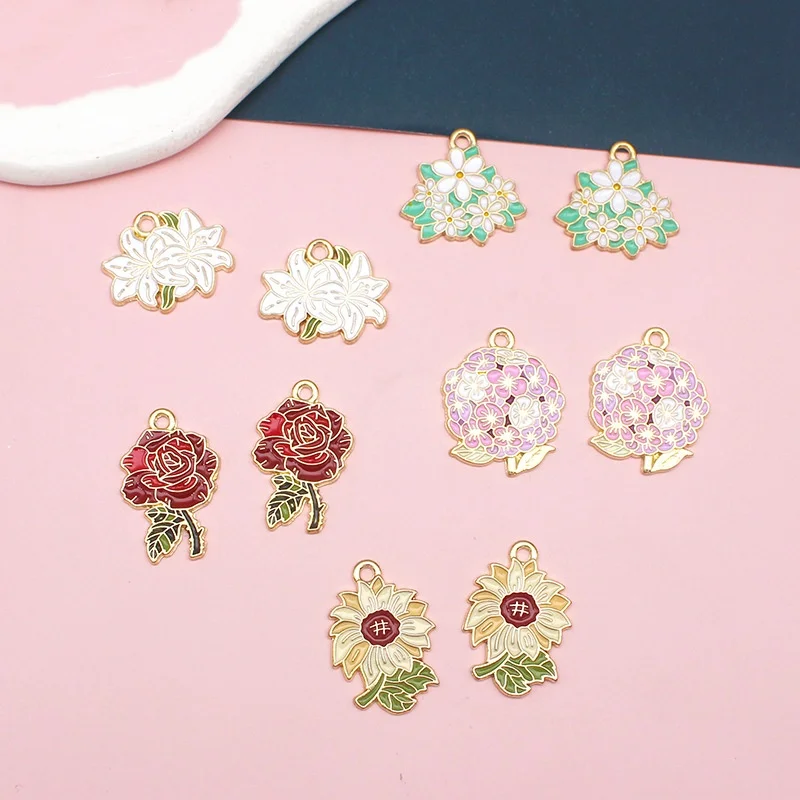 10pcs/lot Irises Sunflower Lily Flower Enamel Charms for Halloween Party DIY Earrings Necklace Jewelry Making Pendant