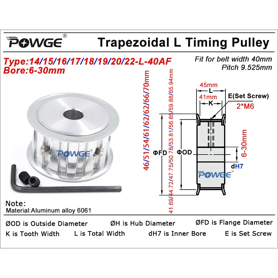 POWGE Trapezoidal 14 15 16 17 18 19 20 22 teeth L Timing Pulley Bore 6-30mm for Belt width 40mm 14T 15T 16T 17T 18T 19T 20T 22T