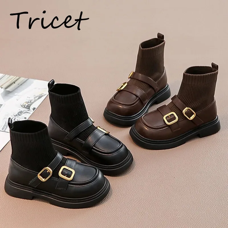 Spring Autumn Solid Kids Fashion Boots Buckle PU Knitted Patchwork Girls Ankle Shoes Slip On Soft Bottom Kids Socks Boots