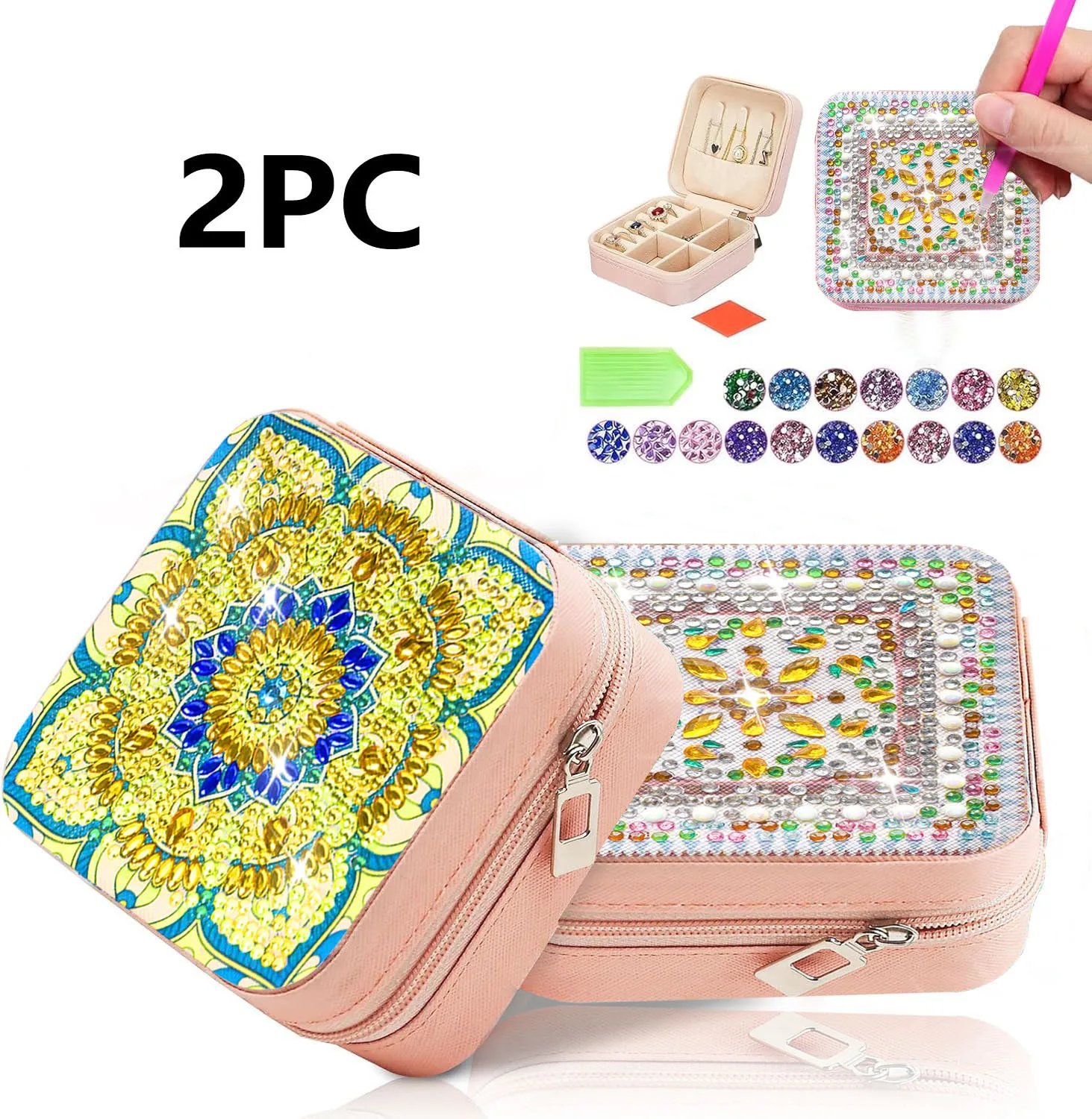 

2 шт./компл. шкатулка для драгоценностей с алмазной живописью Мандала, шкатулка для драгоценностей с бриллиантами, портативный органайзер для ювелирных изделий с бриллиантами