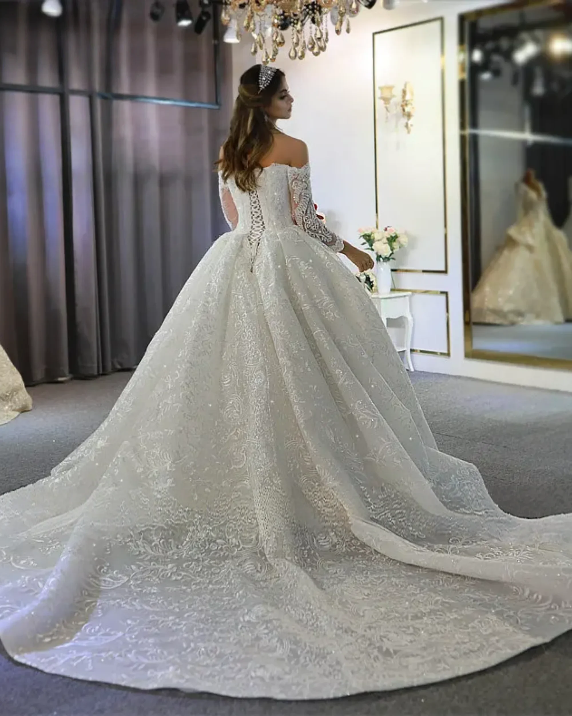Customized Off The Shoulder Long Sleeves Wedding Dress Beading Lace Bridal Dress Train Vestido de novia amanda novias official