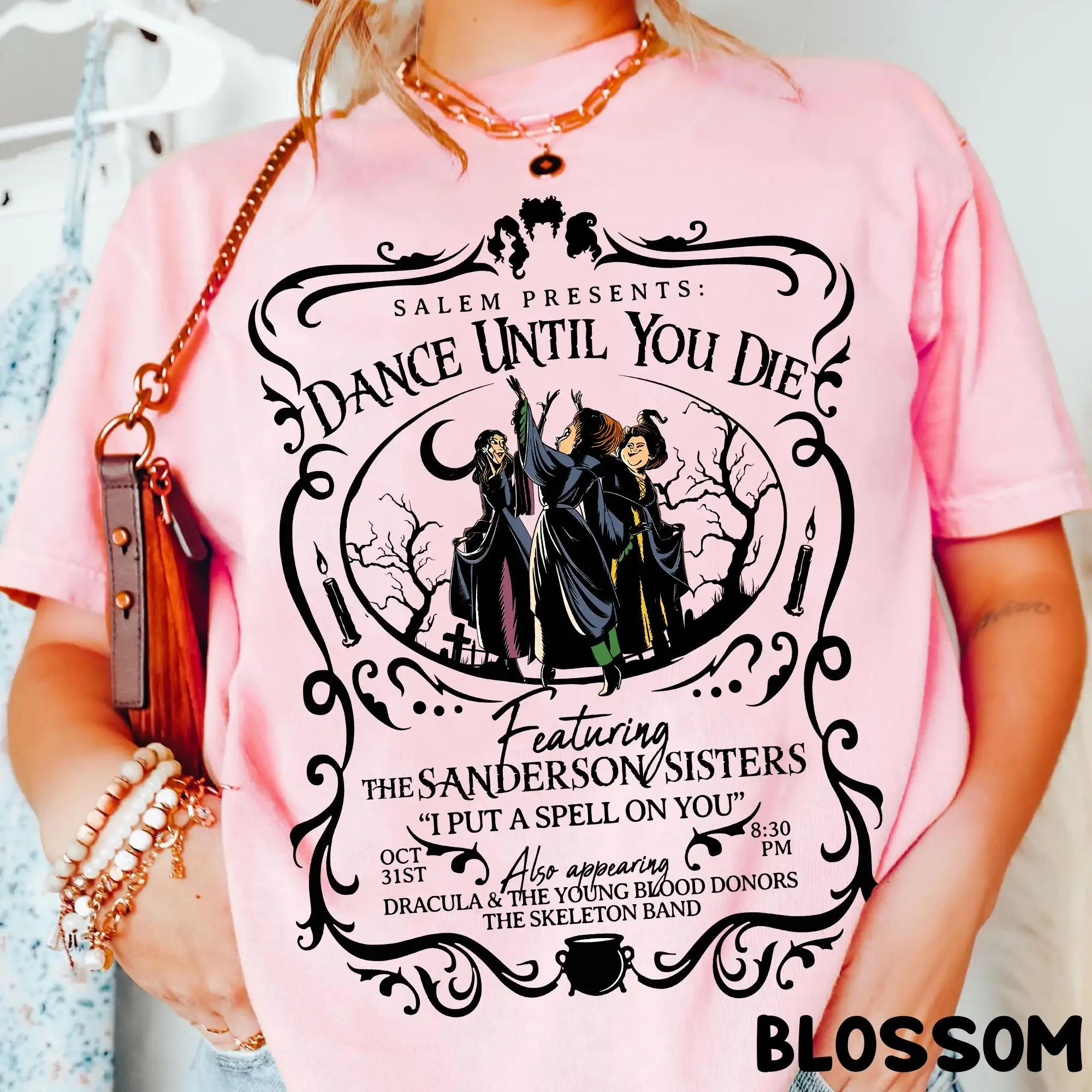 تي شيرت Retro Sanderson Sisters' "I Cast A Spell on You"، تي شيرت الرقص حتى الموت، حفلة ديزني "The Witch Is Crazy Salem"