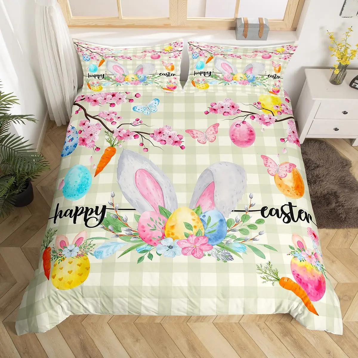 Pink Cherry Blossom Duvet Cover Happy Easter Theme Rabbit Ear Easter Eggs Bedding Set Polyester Butterfly Flower Comforter Cover
