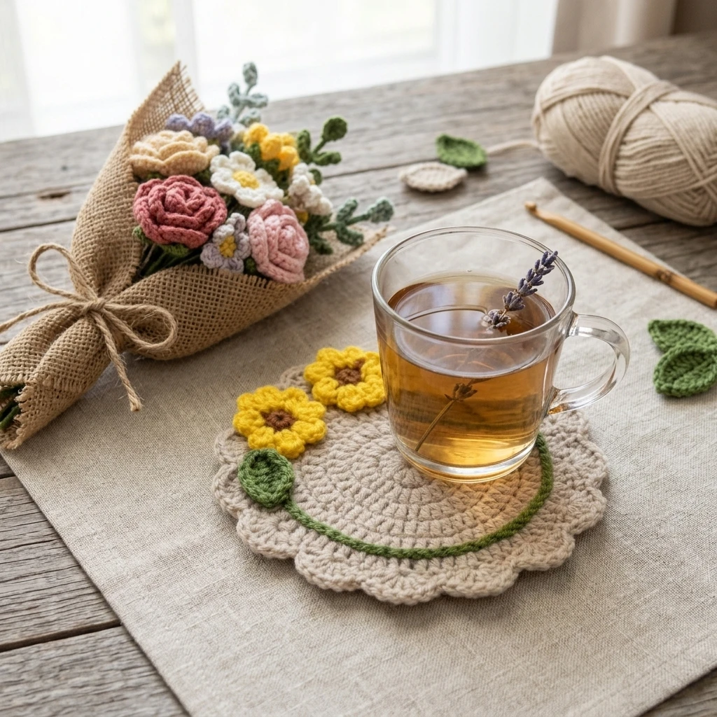 Elegant Drink Coaster Crochet Rose-Bouquet Mat for Home Decor Heat Resistant Cotton Yarn Cup Pad Office Desk Gift