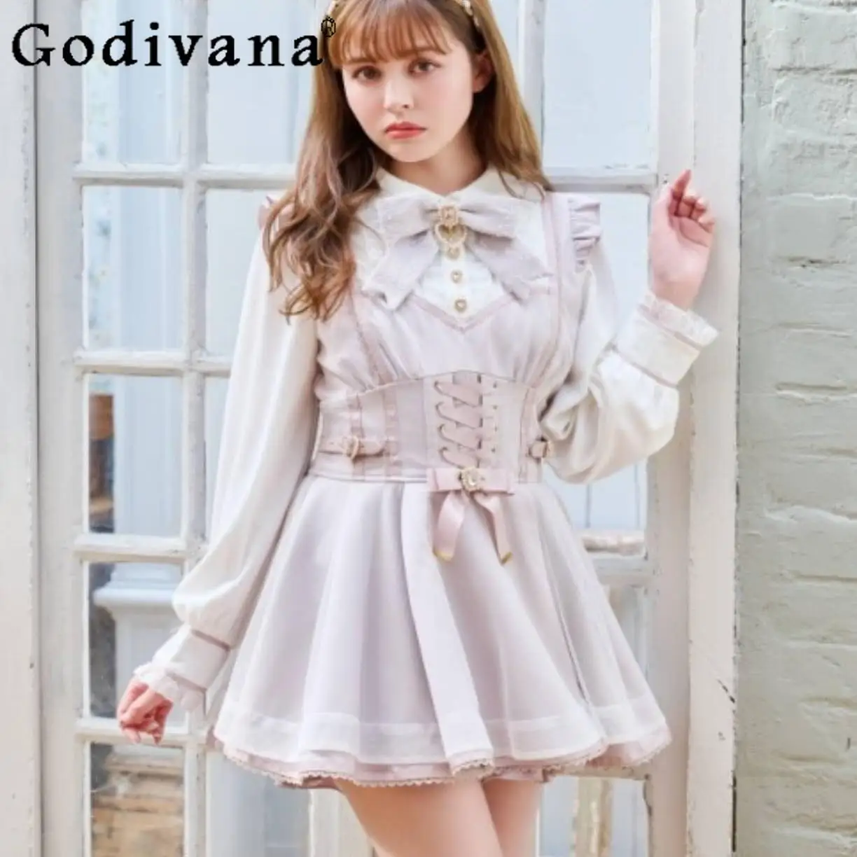 

Japanese Liz Lolita Long-sleeved Dress Set Women's Spring Sweet outifits Women's Bow Girls Lolita Tops + Short Two-piece Set