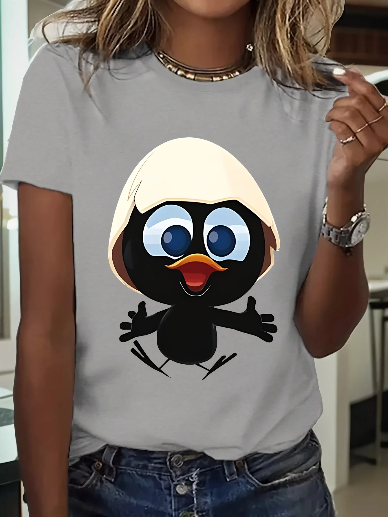 Cute Eggshell Duck Printed Women's T-shirt Breathable and Comfortable Soft Printed T-shirt Women's Fashion, Leisure and Vitality