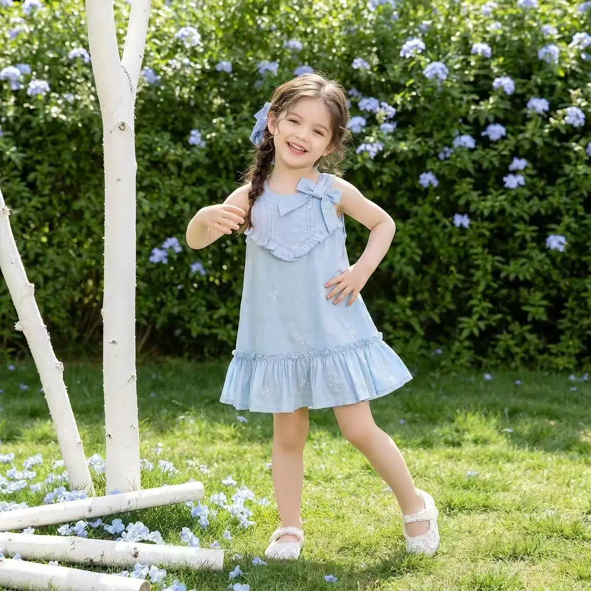 

Summer Girls Dress Embroidery Bow Sleeveless Sundress Fresh Style Princess Dress for 90-140cm