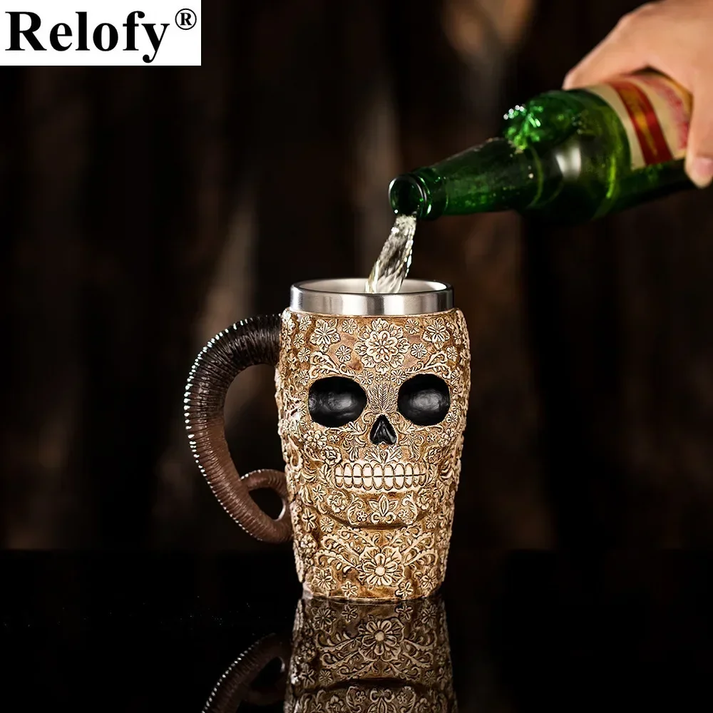 Medieval Dragon Resin Stainless Steel Beer Mug Retro Tankard Skull Coffee Cup Tea Mug Tumbler Bar Decor Drop Shipping，450/600ml