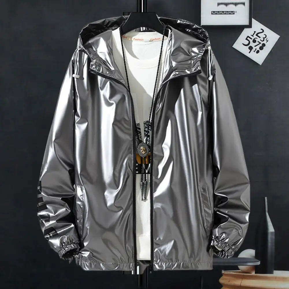 Men Shiny Glossy Coat Hooded Long Sleeve Teenager Coat With Adjustable Drawstrings Cuffed Sleeves Bright Surface Male Jacket