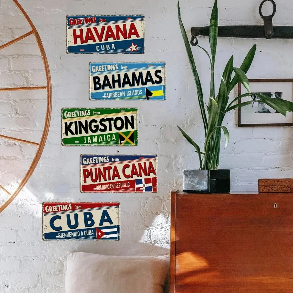 Cuba Jamaica Dominican Caribbean Bahamas Puerto Rico Landmark Aluminum Plate Greetings From City Metal Sign Bar Hotel Wall Decor