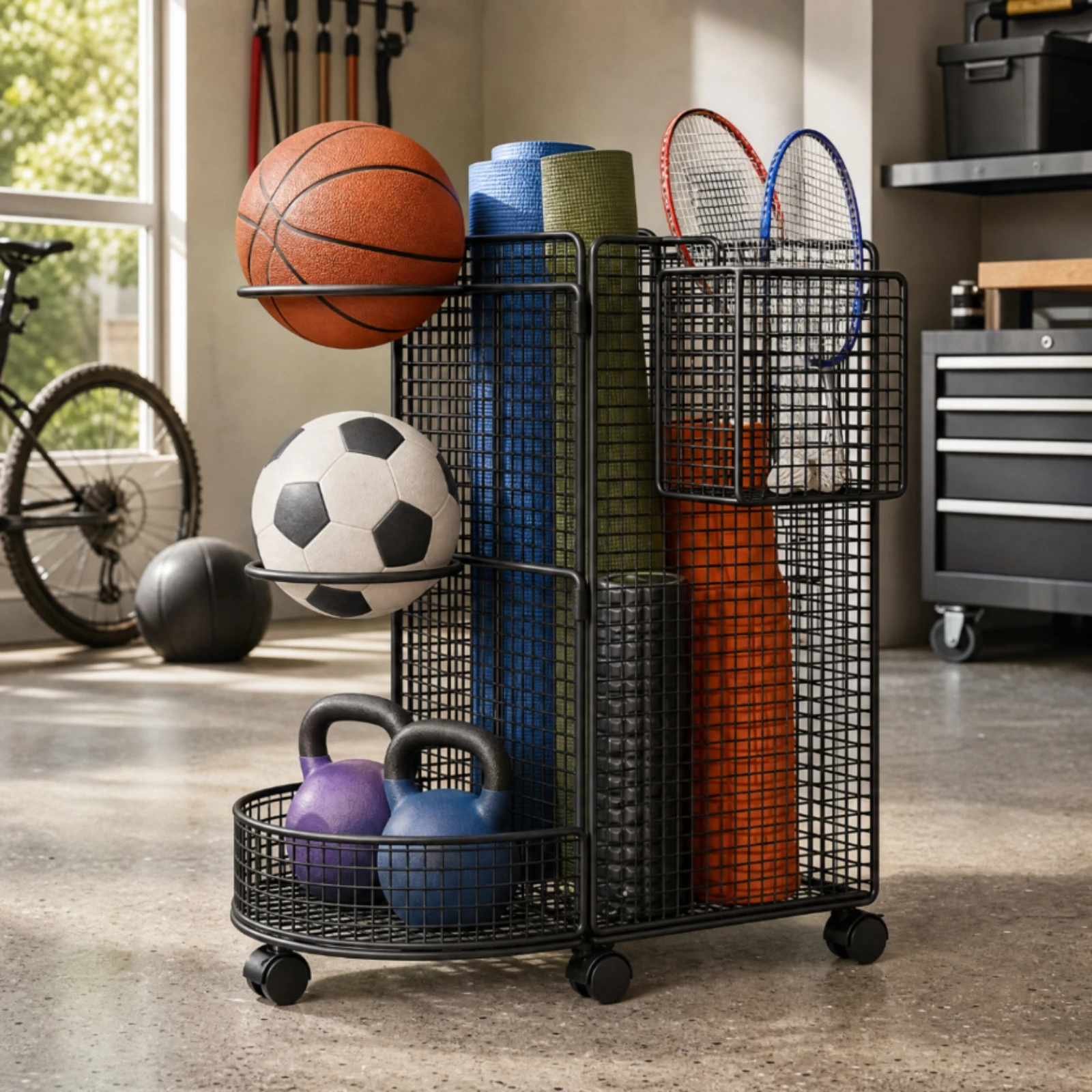Iron Grid Sports Storage Rack with Caster Wheels Versatile Wheeled Sports Equipment Storage Rack Large Capacity Space-Saving
