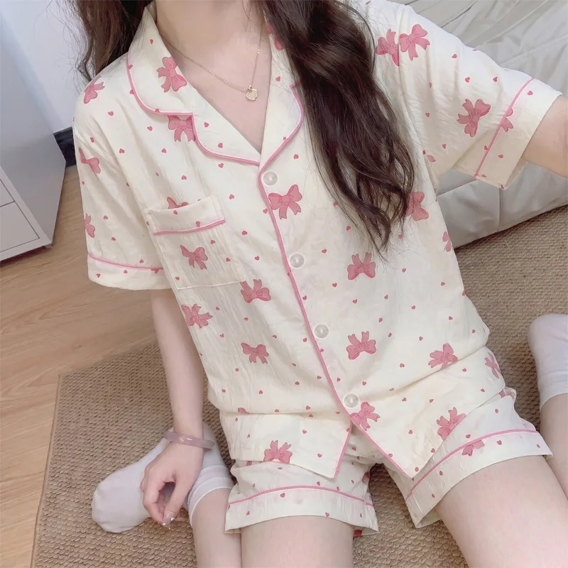 New Girl-Style Bow Pajama Set with Short Sleeves and Shorts, Summer Thin Fashionable Loose and Breathable Casual Home Wear 2
