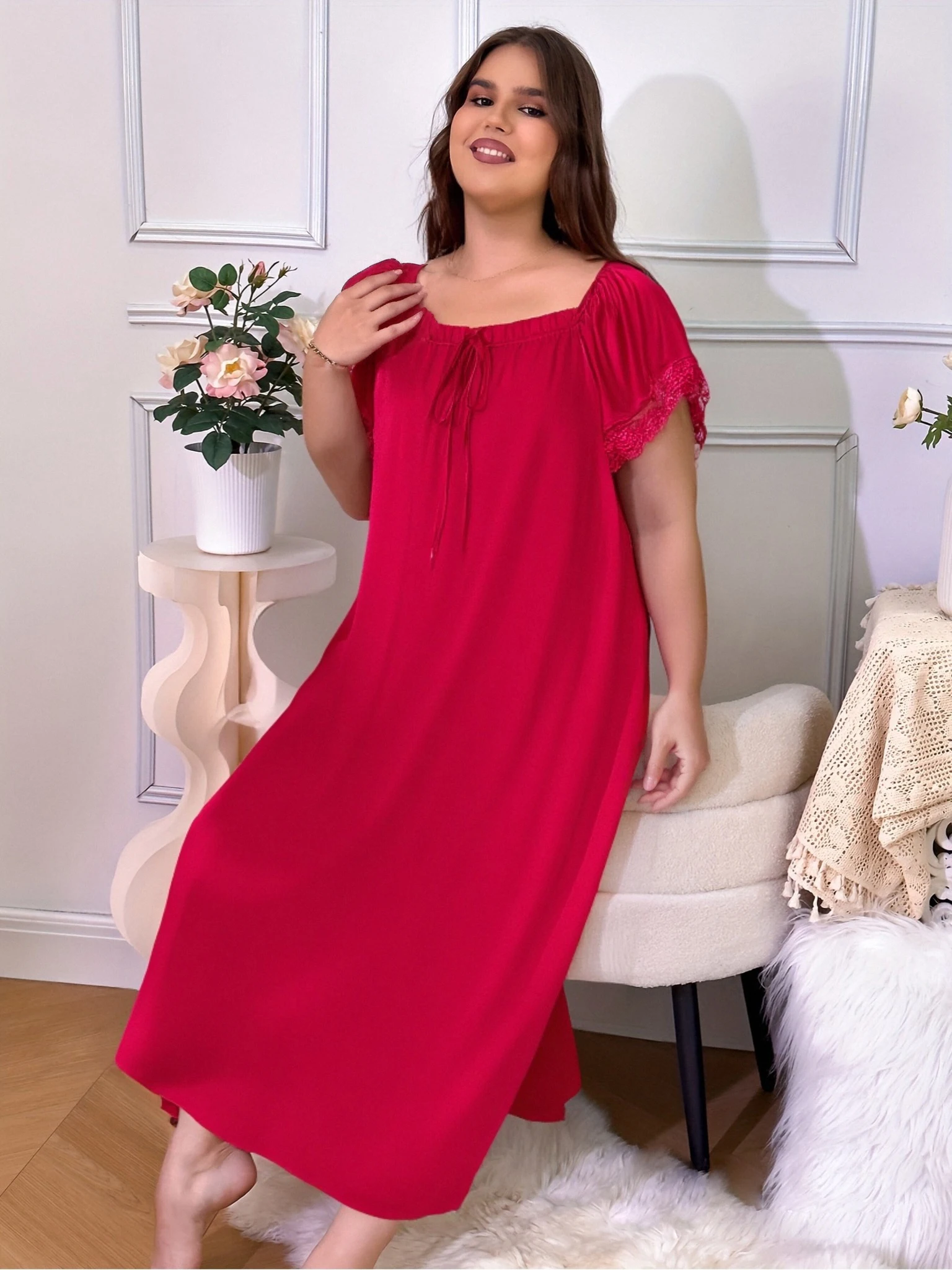 Women Plus Size Red Nightgown Thin Short Sleeve Square Neck Sleep Dress With Lace Trim Drawstring Long Pajama Dress