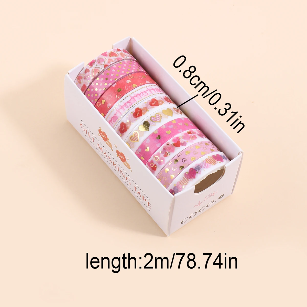 10ロールの金箔ハート柄和紙テープ、DIYノート、パンフレット、ギフトボックスの装飾に適しており、ファッショナブルで美しいです。