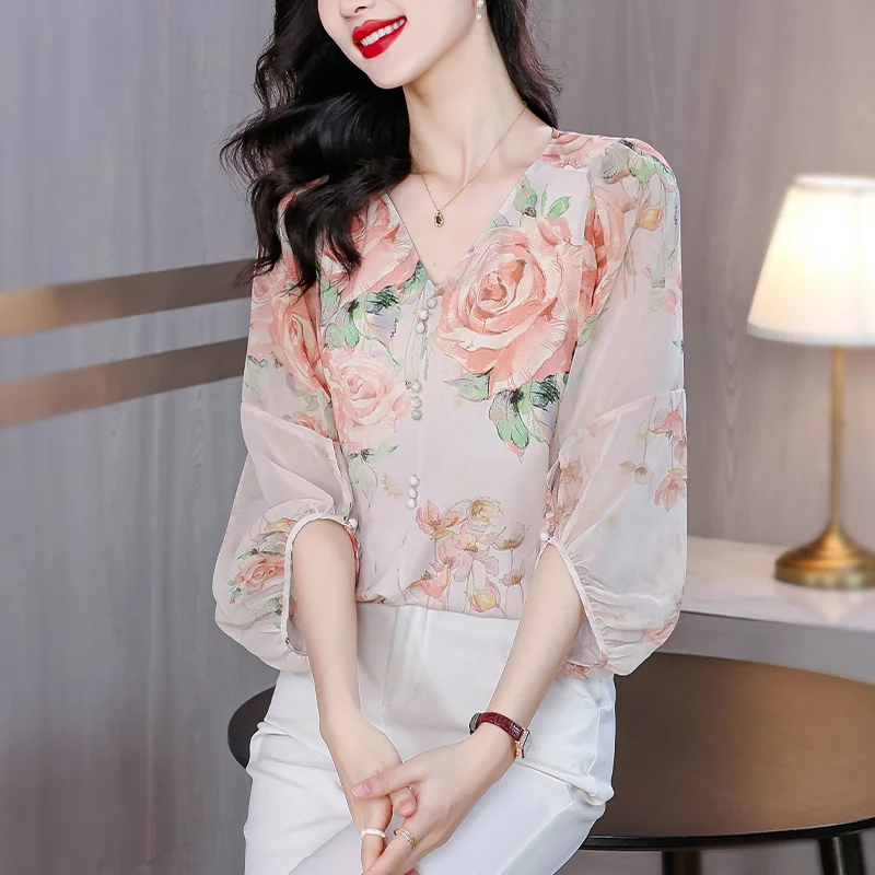 Sweet Floral Printed Shirt 2025 Summer New V-neck Chiffon Blouse Lantern Sleeve Casual Women Tops